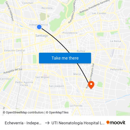 Echeverría - Independencia to UTI Neonatología Hospital Luis Tisne map