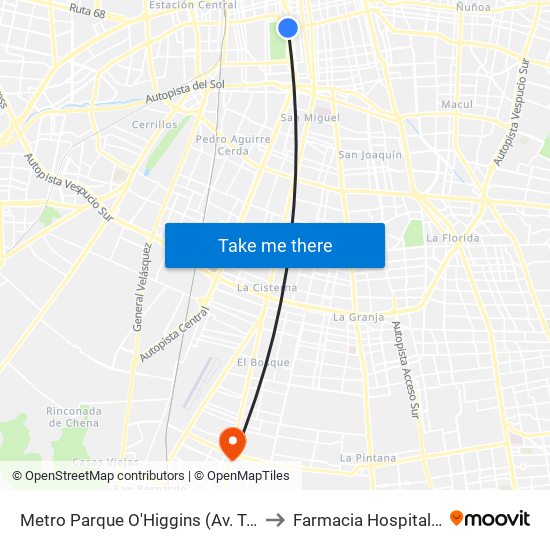 Metro Parque O'Higgins (Av. Tupper Esq. Av. Viel) to Farmacia Hospital - Crs El Pino map