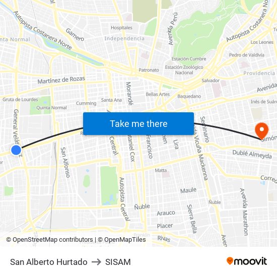 San Alberto Hurtado to SISAM map