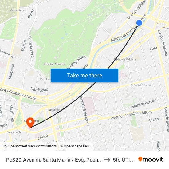 Pc320-Avenida Santa María / Esq. Puente Los Leones to 5to UTIM UC map