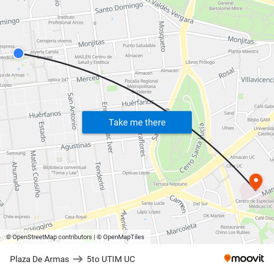 Plaza De Armas to 5to UTIM UC map