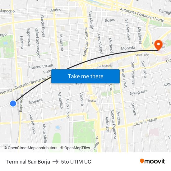 Terminal San Borja to 5to UTIM UC map