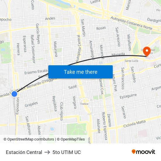 Estación Central to 5to UTIM UC map