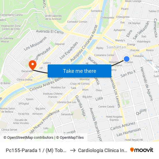 Pc155-Parada 1 / (M) Tobalaba to Cardiología Clínica Indisa map