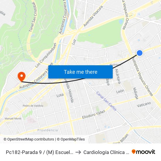 Pc182-Parada 9 / (M) Escuela Militar to Cardiología Clínica Indisa map