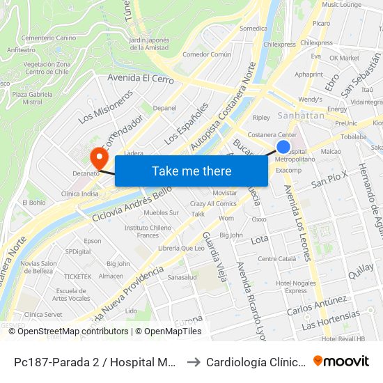 Pc187-Parada 2 / Hospital Metropolitano to Cardiología Clínica Indisa map