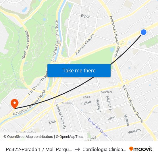 Pc322-Parada 1 / Mall Parque Arauco to Cardiología Clínica Indisa map