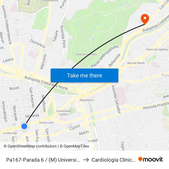 Pa167-Parada 6 / (M) Universidad De Chile to Cardiología Clínica Indisa map