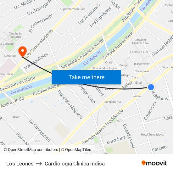 Los Leones to Cardiología Clínica Indisa map