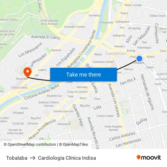 Tobalaba to Cardiología Clínica Indisa map