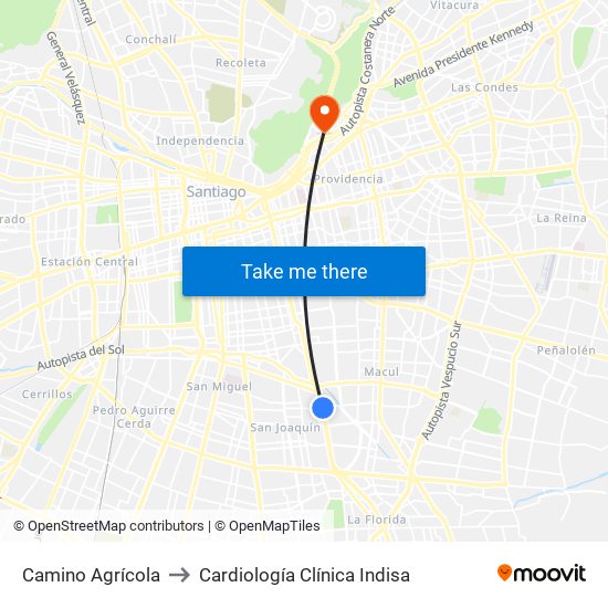 Camino Agrícola to Cardiología Clínica Indisa map