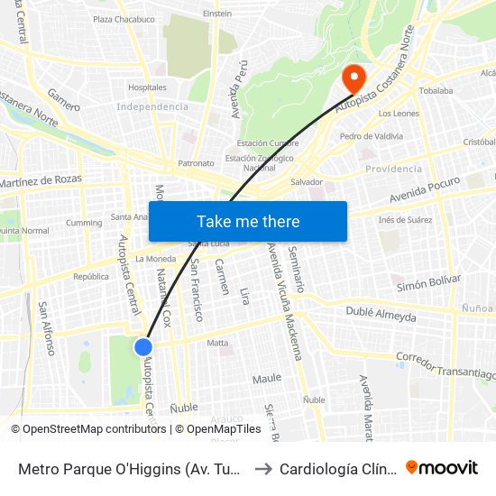 Metro Parque O'Higgins (Av. Tupper Esq. Av. Viel) to Cardiología Clínica Indisa map