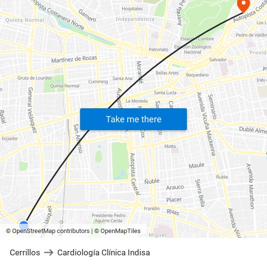 Cerrillos to Cardiología Clínica Indisa map