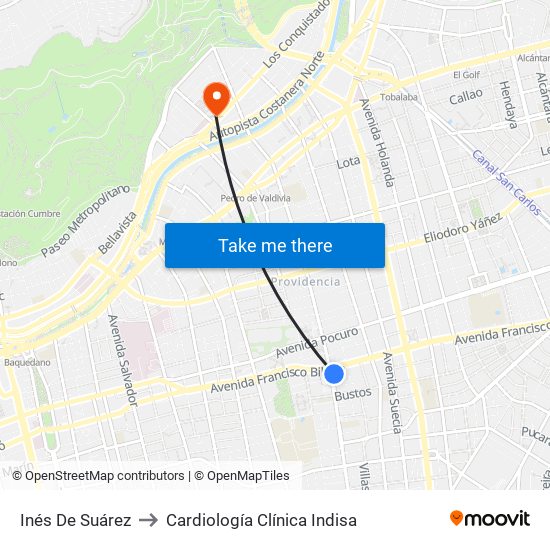 Inés De Suárez to Cardiología Clínica Indisa map