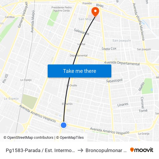 Pg1583-Parada / Est. Intermodal La Cisterna to Broncopulmonar CDT HBLT map