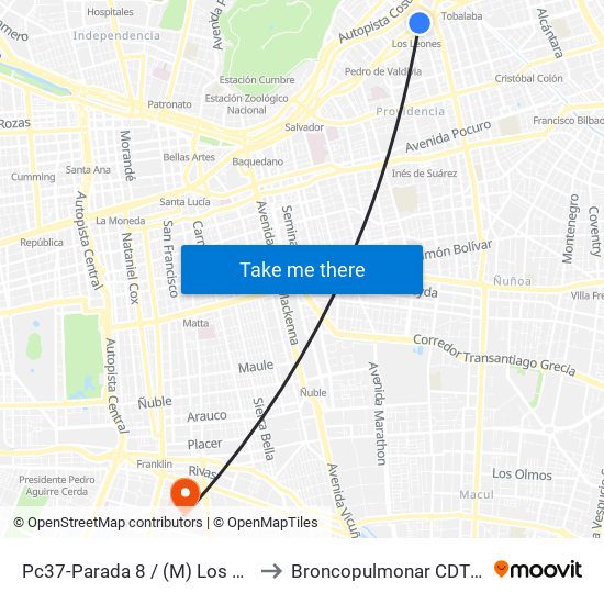 Pc37-Parada 8 / (M) Los Leones to Broncopulmonar CDT HBLT map