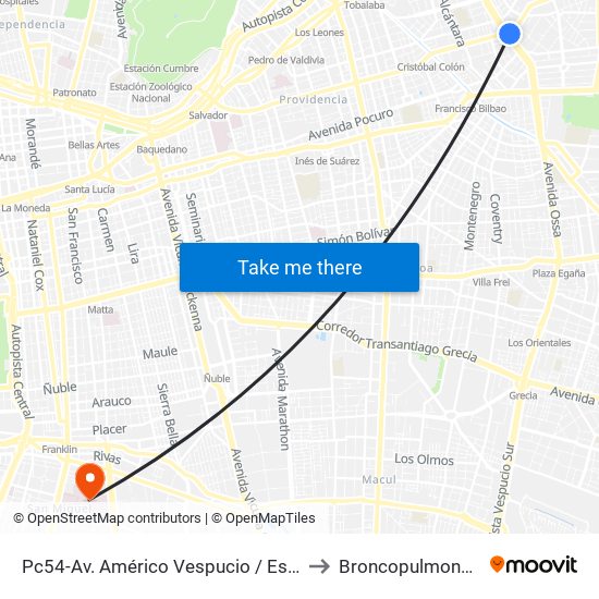 Pc54-Av. Américo Vespucio / Esq. Av. Cristóbal Colón to Broncopulmonar CDT HBLT map