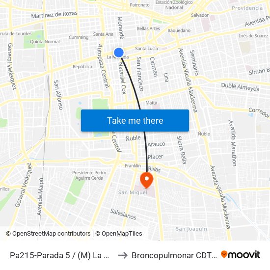 Pa215-Parada 5 / (M) La Moneda to Broncopulmonar CDT HBLT map