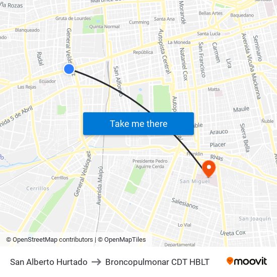 San Alberto Hurtado to Broncopulmonar CDT HBLT map