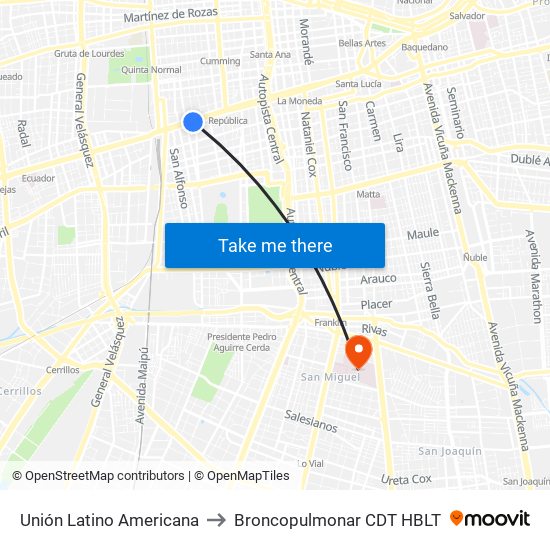 Unión Latino Americana to Broncopulmonar CDT HBLT map