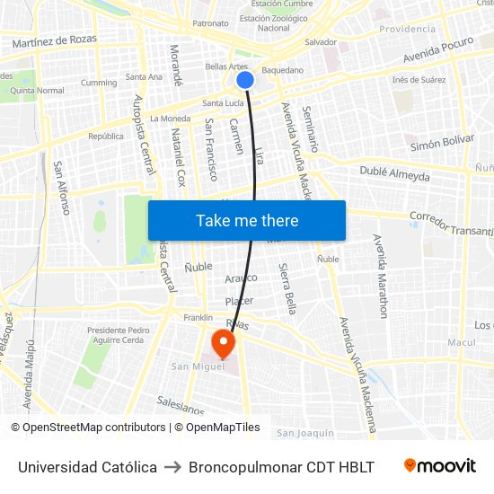 Universidad Católica to Broncopulmonar CDT HBLT map