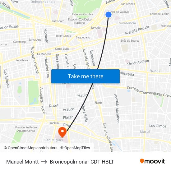 Manuel Montt to Broncopulmonar CDT HBLT map