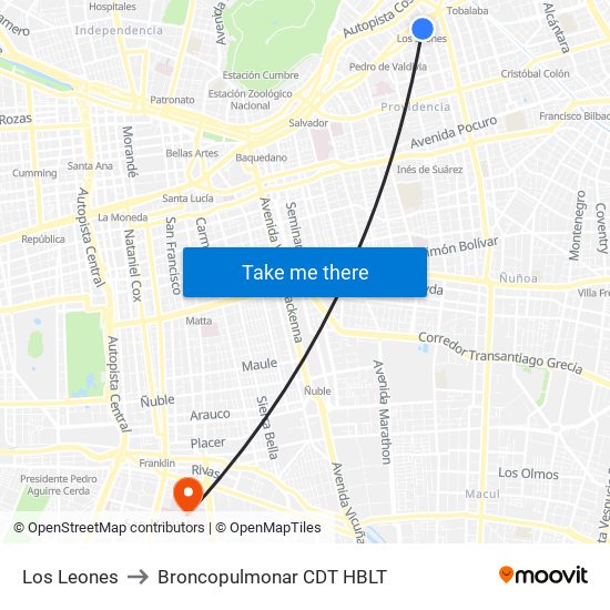 Los Leones to Broncopulmonar CDT HBLT map