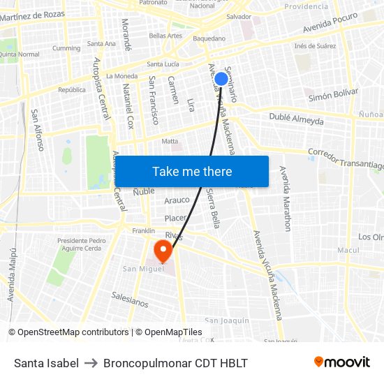 Santa Isabel to Broncopulmonar CDT HBLT map