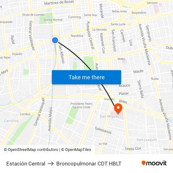 Estación Central to Broncopulmonar CDT HBLT map