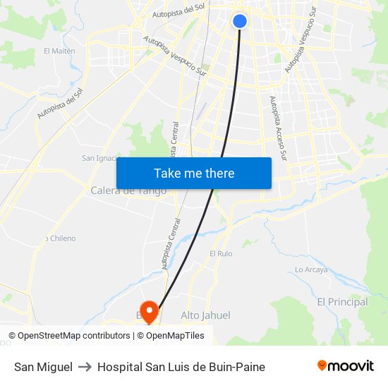 San Miguel to Hospital San Luis de Buin-Paine map