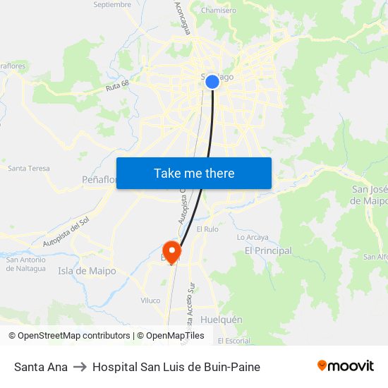 Santa Ana to Hospital San Luis de Buin-Paine map