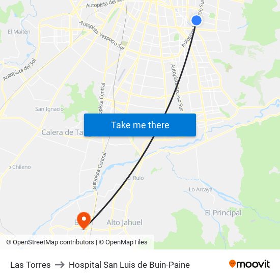 Las Torres to Hospital San Luis de Buin-Paine map