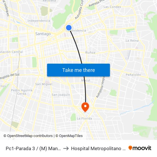 Pc1-Parada 3 / (M) Manuel Montt to Hospital Metropolitano La Florida map