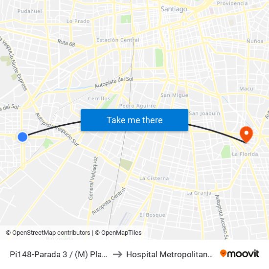 Pi148-Parada 3 / (M) Plaza De Maipú to Hospital Metropolitano La Florida map