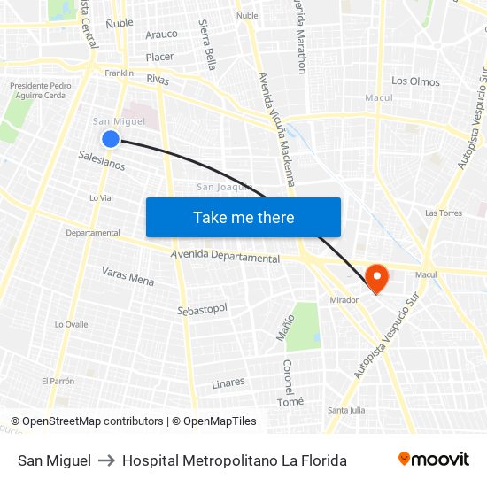 San Miguel to Hospital Metropolitano La Florida map