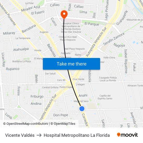 Vicente Valdés to Hospital Metropolitano La Florida map