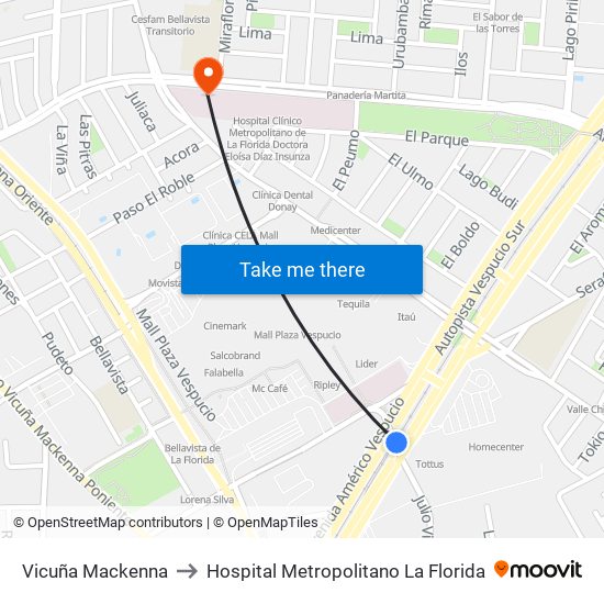 Vicuña Mackenna to Hospital Metropolitano La Florida map