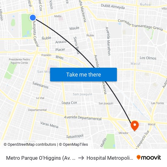 Metro Parque O'Higgins (Av. Tupper Esq. Av. Viel) to Hospital Metropolitano La Florida map