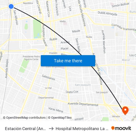 Estación Central (Anden1) to Hospital Metropolitano La Florida map