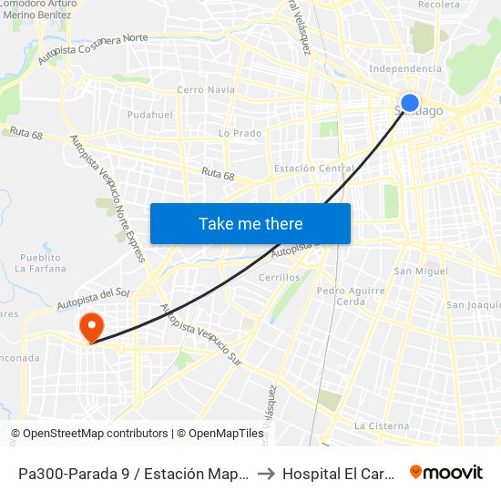 Pa300-Parada 9 / Estación Mapocho to Hospital El Carmen map