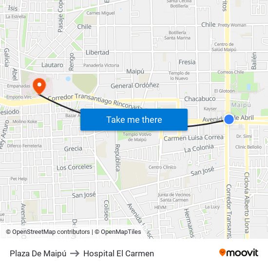 Plaza De Maipú to Hospital El Carmen map