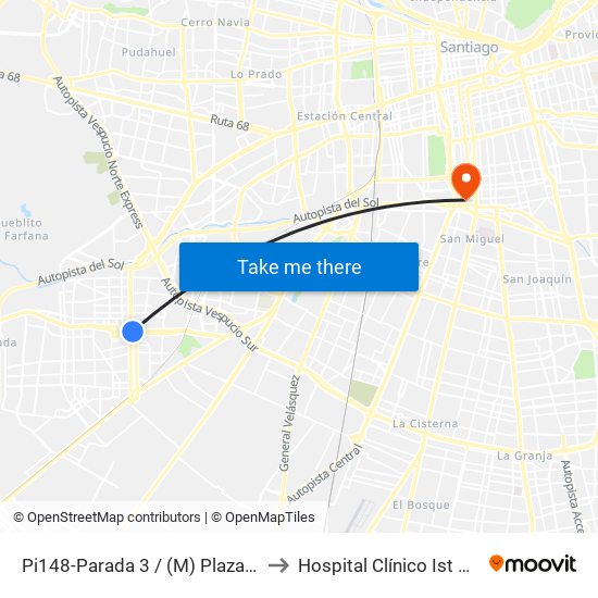 Pi148-Parada 3 / (M) Plaza De Maipú to Hospital Clínico Ist Santiago map