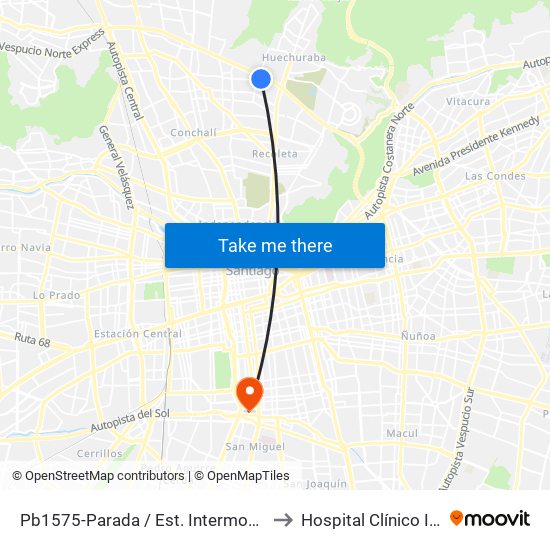 Pb1575-Parada / Est. Intermodal Vespucio Norte to Hospital Clínico Ist Santiago map