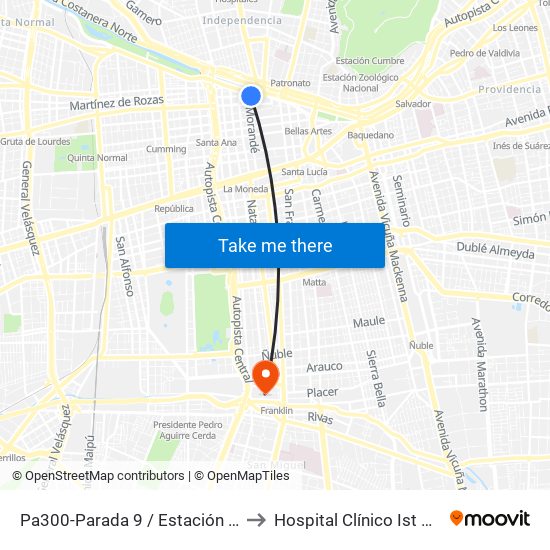 Pa300-Parada 9 / Estación Mapocho to Hospital Clínico Ist Santiago map