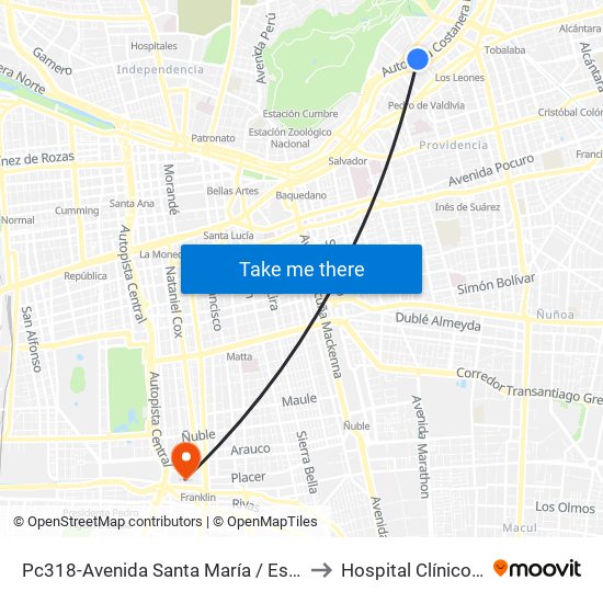 Pc318-Avenida Santa María / Esq. Av. Pedro De Valdivia to Hospital Clínico Ist Santiago map