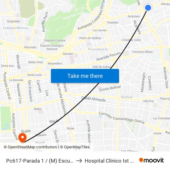 Pc617-Parada 1 / (M) Escuela Militar to Hospital Clínico Ist Santiago map
