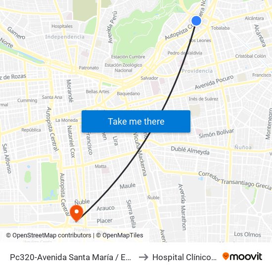 Pc320-Avenida Santa María / Esq. Puente Los Leones to Hospital Clínico Ist Santiago map
