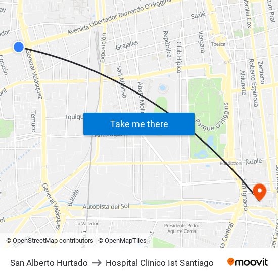 San Alberto Hurtado to Hospital Clínico Ist Santiago map