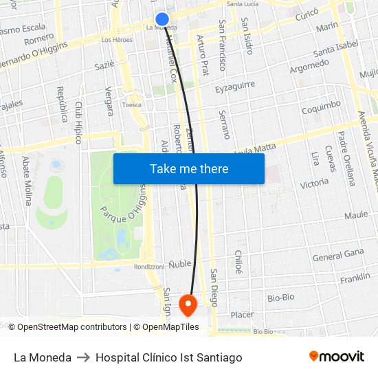 La Moneda to Hospital Clínico Ist Santiago map