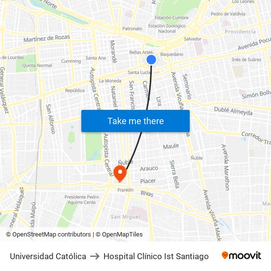 Universidad Católica to Hospital Clínico Ist Santiago map